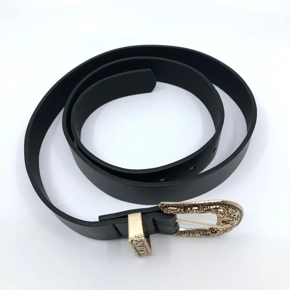 Y2K Coastal Cowgirl Black Gold Ornate Buckle Belt, 36–43.5 Inches, X7GA1136